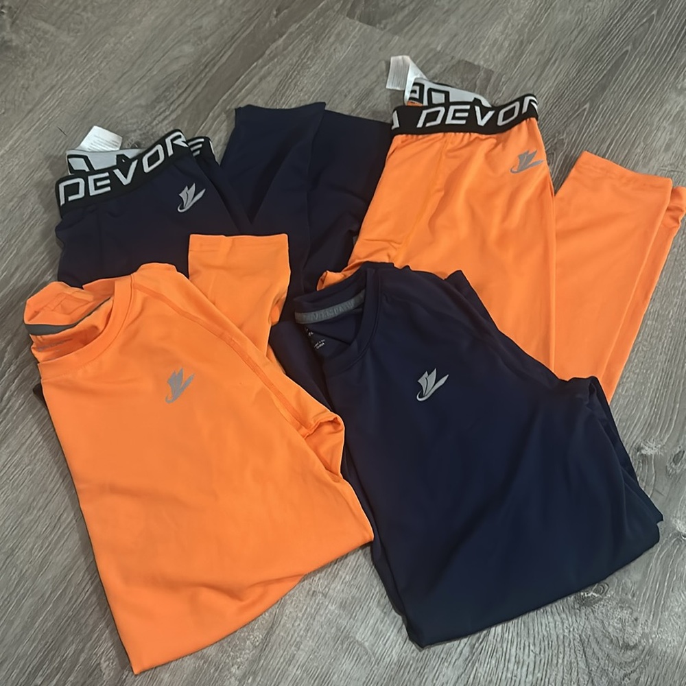 Vibrant Orange and Navy Kids compression quick dry Long Sleeve Tees and pants